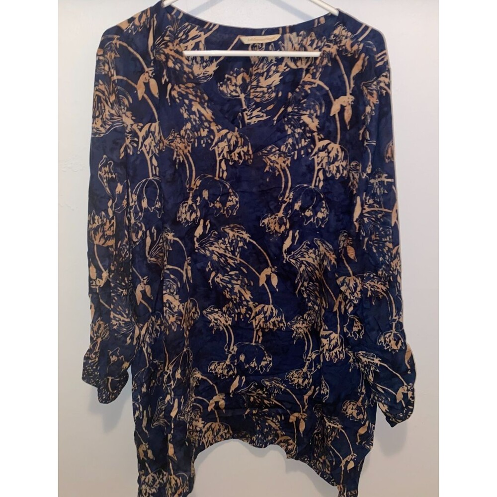 Soft Surroundings Navy Floral Long Roll Tab Sleeves V-Neck Boho Tunic 2X